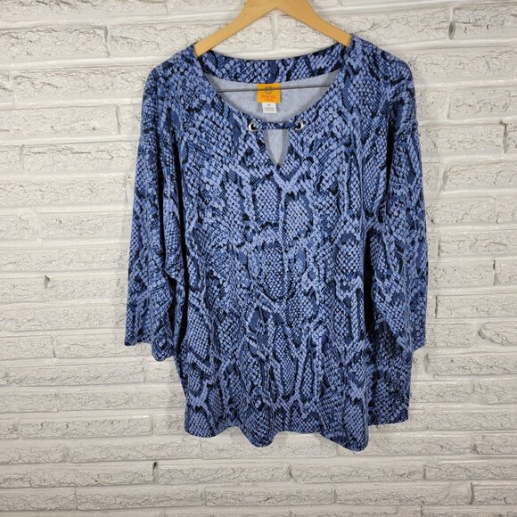 Ruby Rd. Tops - Ruby Rd Women’s 3X Top Blue Animal Print Keyhole Neck 3/4 Sleeve Knit ANI30E